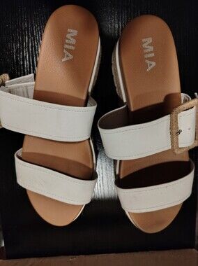 MIA Kenzy White Faux Leather Double Strap Espadrille Platform Slide Sandals